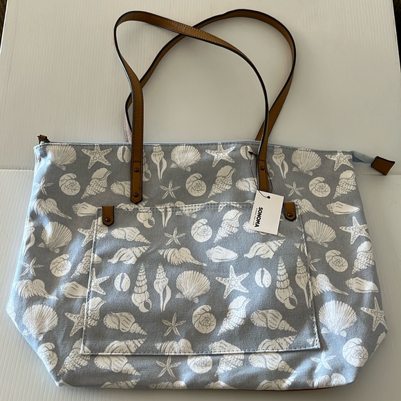 Sonoma Handbags - NWT Sonoma Blue Grey White Seashell Print Cotton Zip Faux Leather Tote
